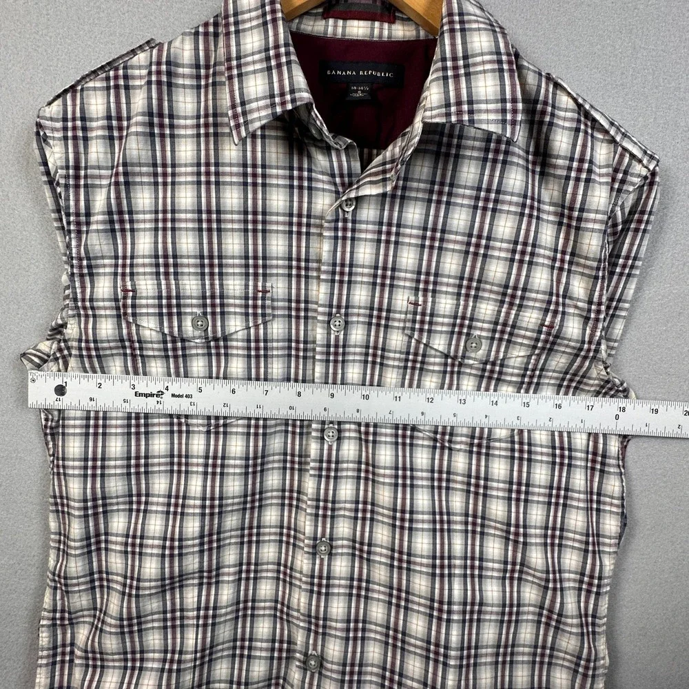 Banana Republic Mens Small Plaid Button Down Shirt Stretch Epaulets Burgundy S